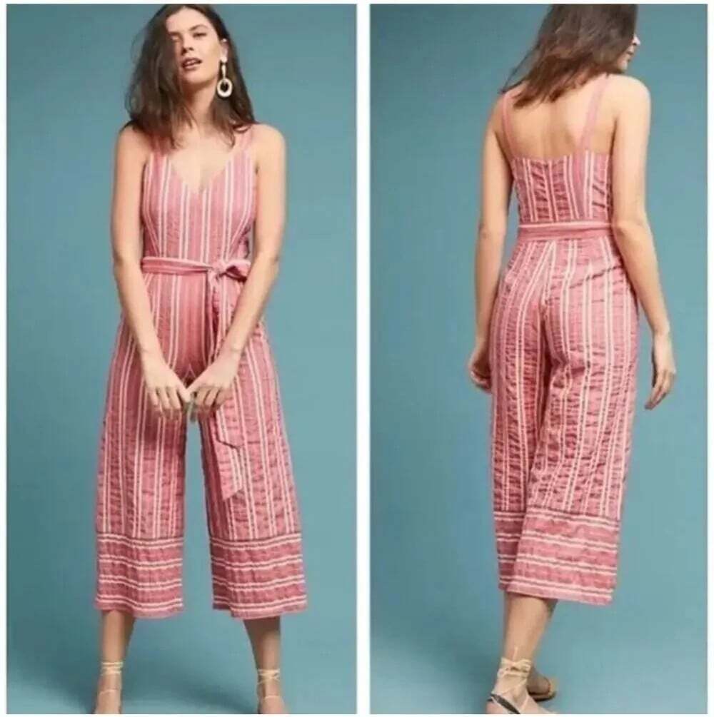 Anthropologie Ett:twa Robin Cropped Jumpsuit Size XS Red White Striped Coastal